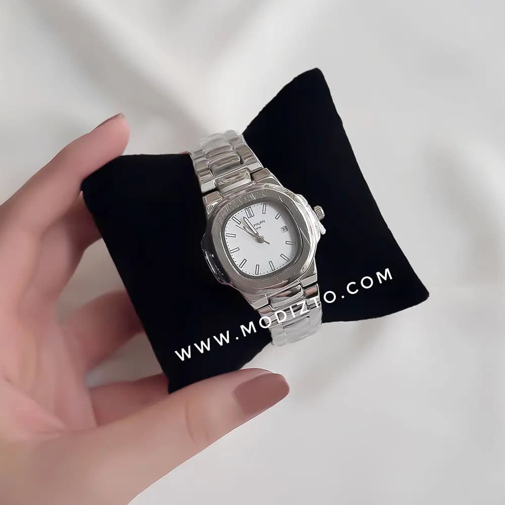ساعت مچی زنانه طرح پتک فیلیپ ناتیلوس Patek Philippe صفحه سفید تقویم دار — تصویر ۲