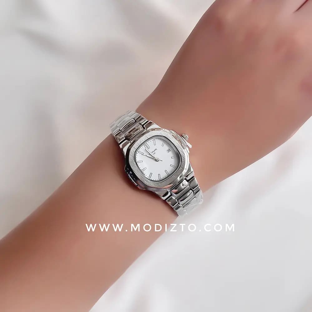 ساعت مچی زنانه طرح پتک فیلیپ ناتیلوس Patek Philippe صفحه سفید تقویم دار — تصویر ۳