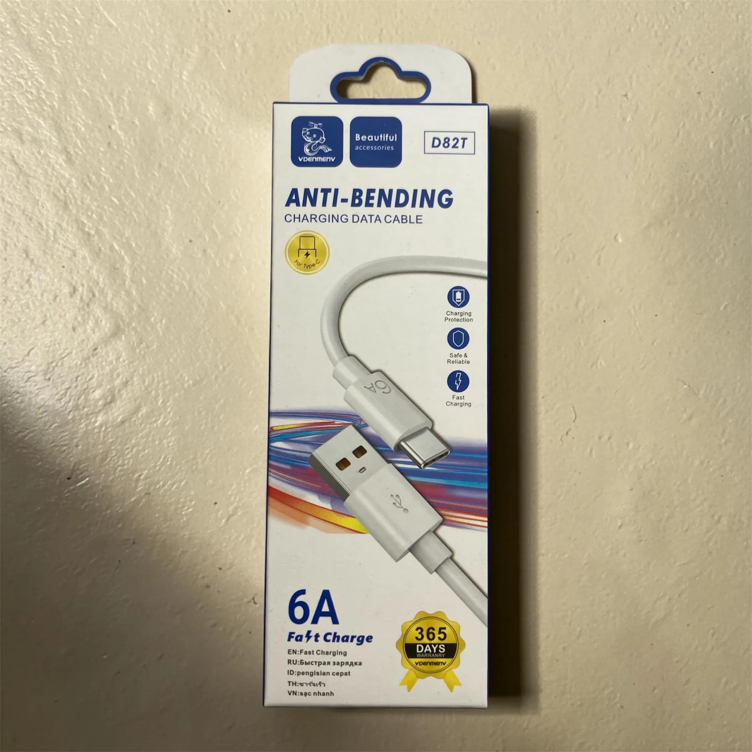 کابل شارژ و انتقال داده USB به Type-C وی دنمن VDENMEN D82T مدل 6A طول 1 متر