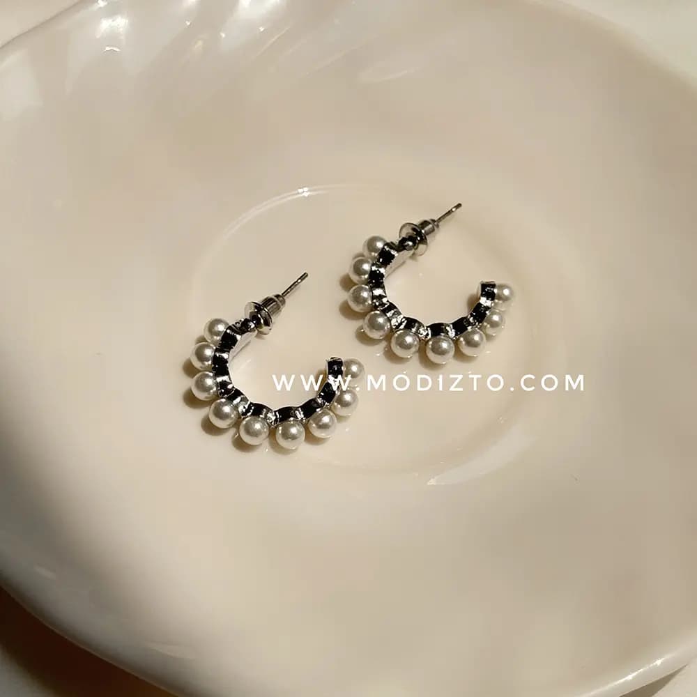 گوشواره میخی استیل مدل دور مرواریدی — تصویر ۵