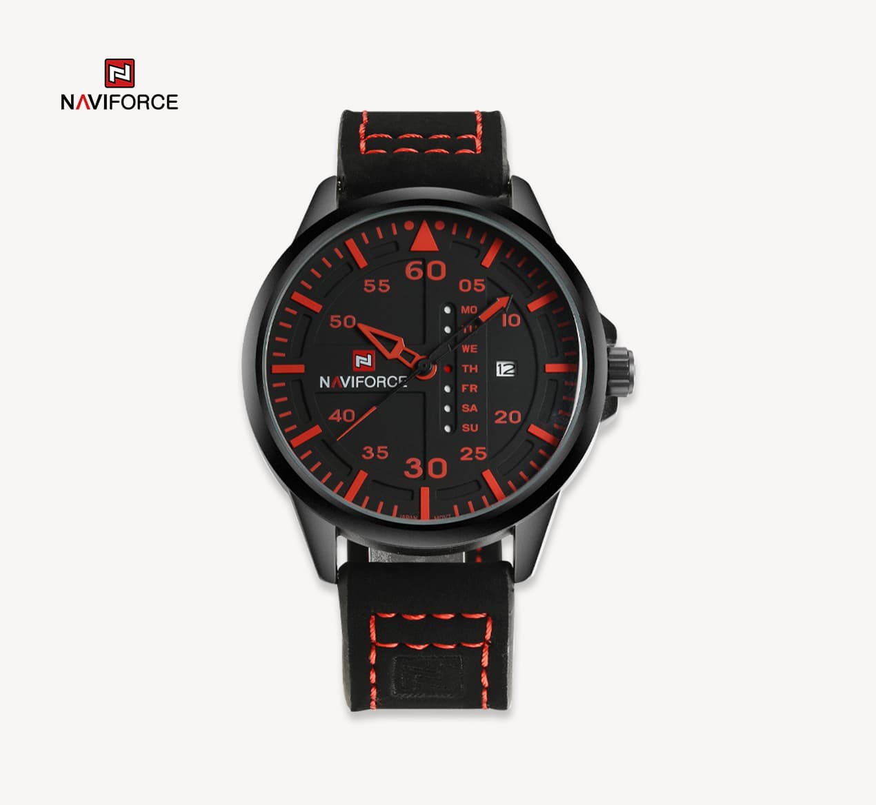 ساعت مردانه نویفورس naviforce بند چرمی فول تاریخ قرمز