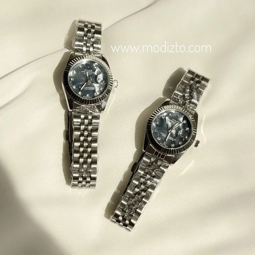 ساعت مچی زنانه طرح رولکس Rolex صفحه صدفی مشکی مدل Date just — تصویر ۴