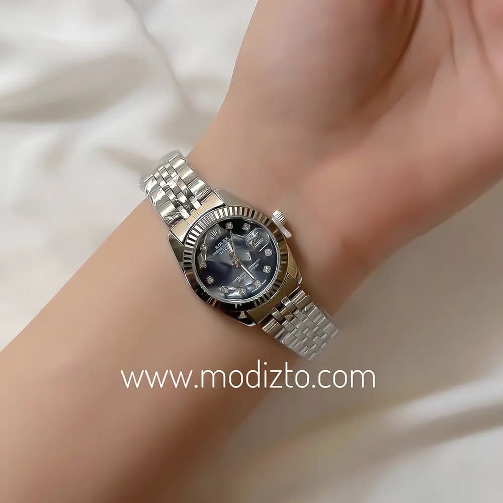ساعت مچی زنانه طرح رولکس Rolex صفحه صدفی مشکی مدل Date just — تصویر ۲