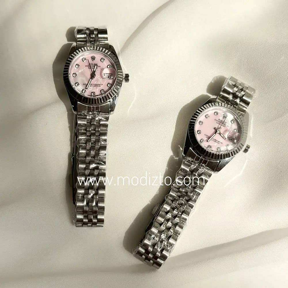 ساعت مچی زنانه طرح رولکس Rolex صفحه صدفی صورتی مدل Date just — تصویر ۴