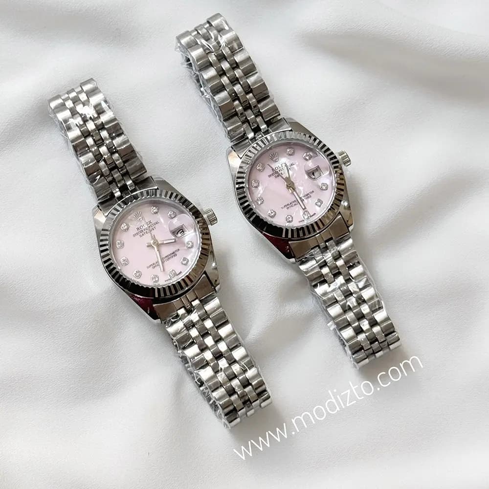 ساعت مچی زنانه طرح رولکس Rolex صفحه صدفی صورتی مدل Date just