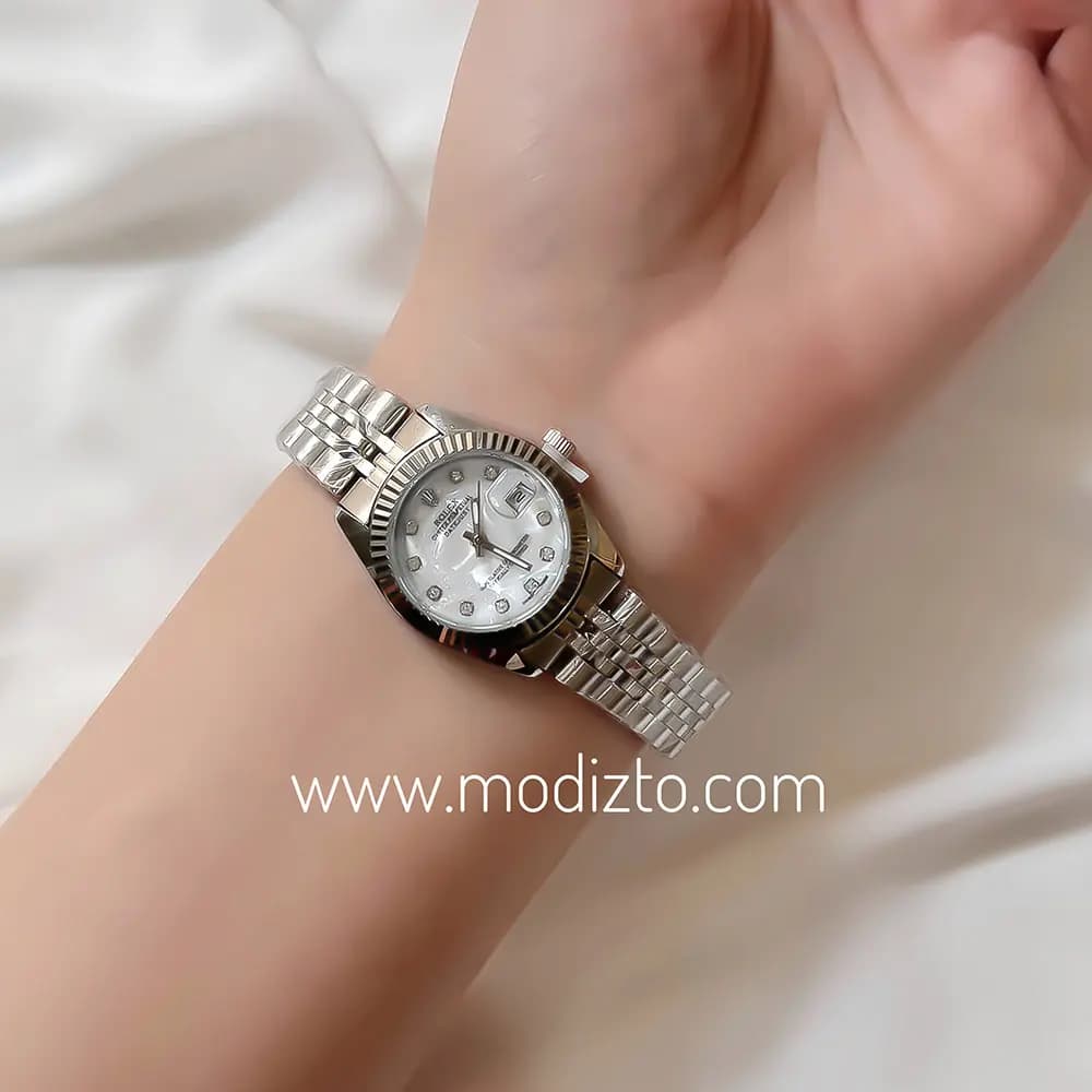 ساعت مچی زنانه طرح رولکس Rolex صفحه صدفی سفید مدل Date just — تصویر ۲