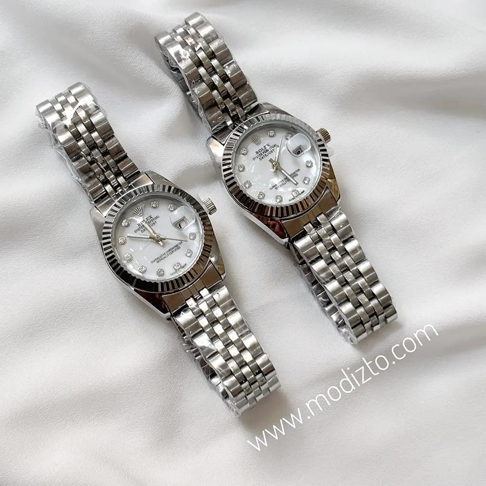ساعت مچی زنانه طرح رولکس Rolex صفحه صدفی سفید مدل Date just