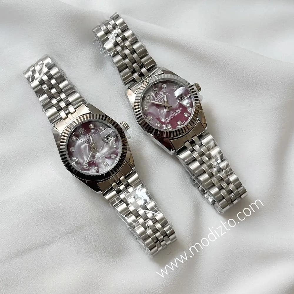 ساعت مچی زنانه طرح رولکس Rolex صفحه صدفی زرشکی مدل Date just