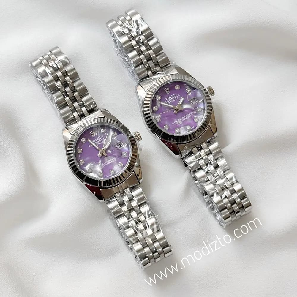 ساعت مچی زنانه طرح رولکس Rolex صفحه صدفی بنفش مدل Date just