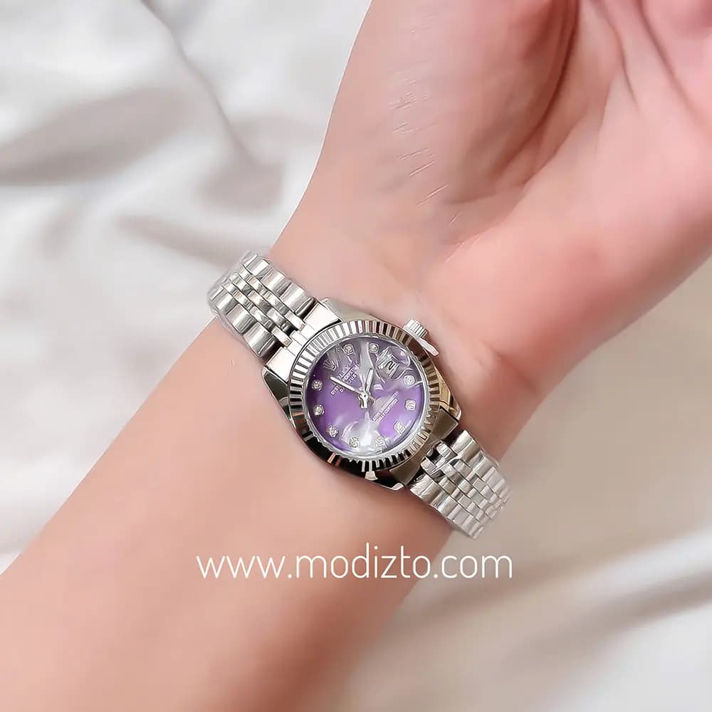 ساعت مچی زنانه طرح رولکس Rolex صفحه صدفی بنفش مدل Date just — تصویر ۲