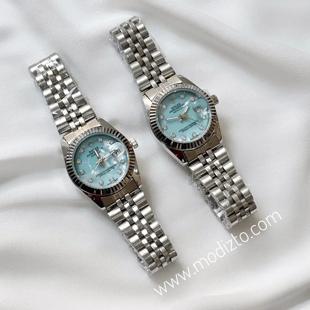 ساعت مچی زنانه طرح رولکس Rolex صفحه صدفی آبی تیفانی مدل Date just
