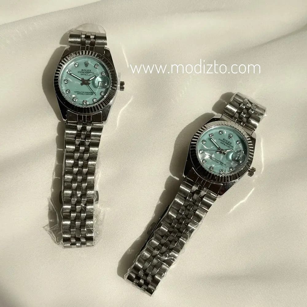 ساعت مچی زنانه طرح رولکس Rolex صفحه صدفی آبی تیفانی مدل Date just — تصویر ۴