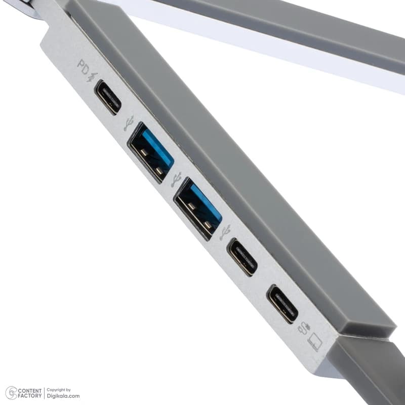 پایه نگهدارنده لپ تاپ ارگو مدل WLB013، دارای پورت ورودی USB-C، پورت خروجی USB-C، پورت USB-C PD و دو پورت USB-A — تصویر ۵