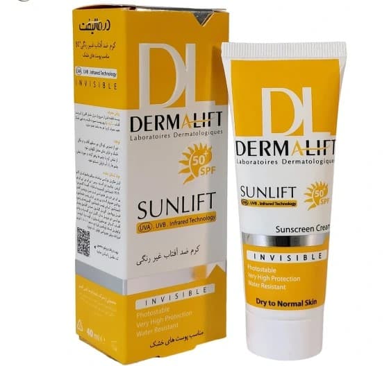 کرم ضد آفتاب غیررنگی SPF50 پوست خشک و معمولی درمالیفت 40 میلی لیتر