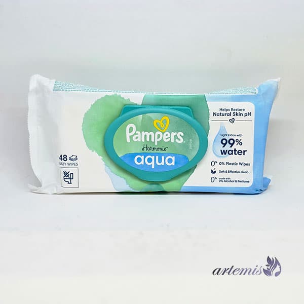 دستمال مرطوب کودک Pampers سری Harmonie Aqua (آکوا) 99% آب بسته 48 عددی