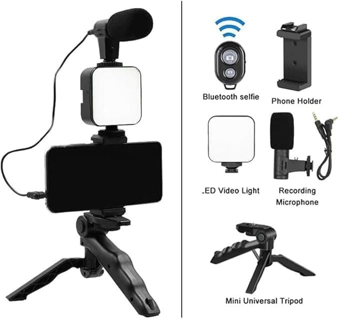 کیت ضبط ویدیوی دوربین AY-49 به همراه میکروفون، سه پایه کوچک، چراغ LED و گیره — تصویر ۴