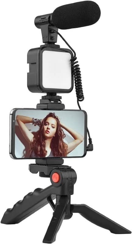 کیت ضبط ویدیوی دوربین AY-49 به همراه میکروفون، سه پایه کوچک، چراغ LED و گیره — تصویر ۵