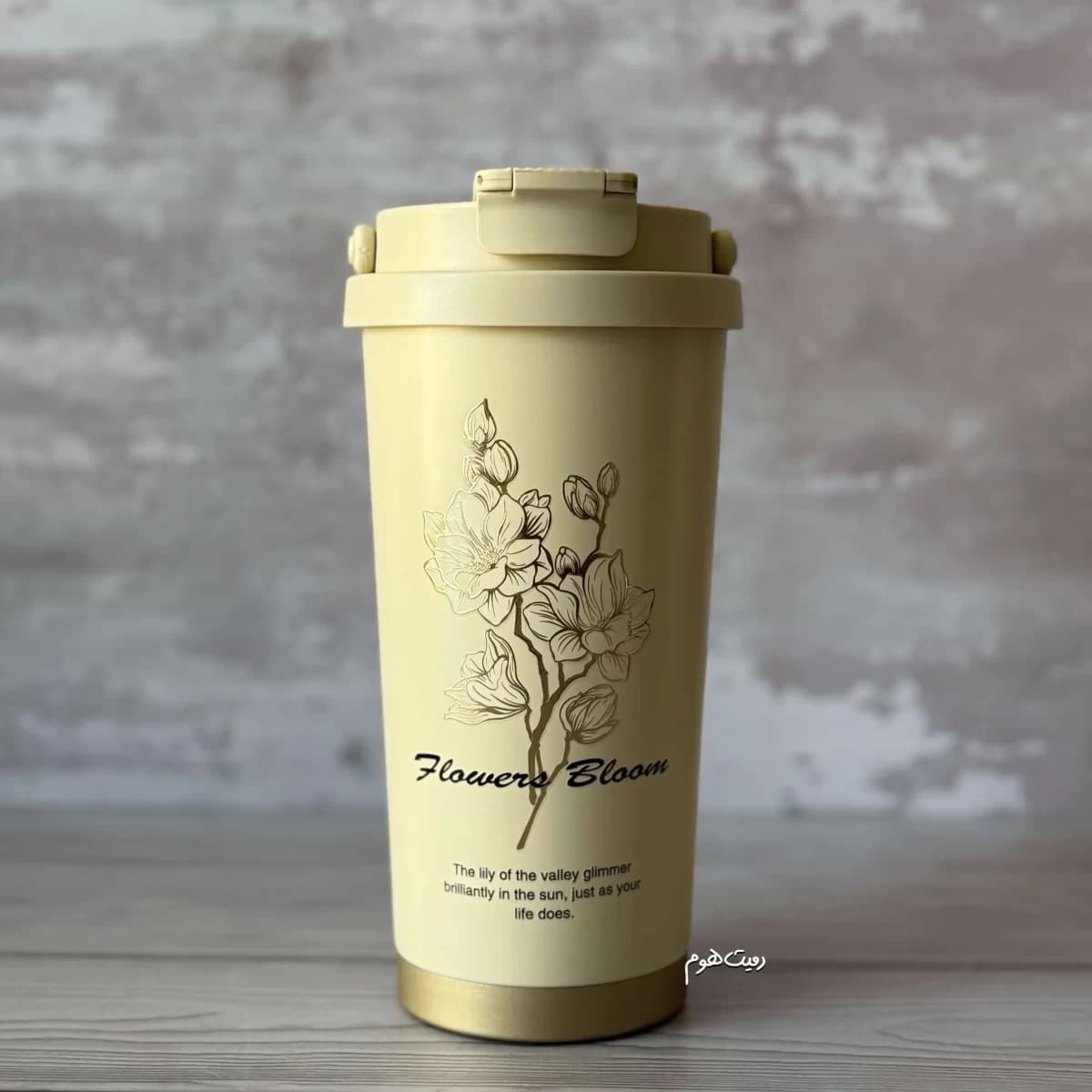 تراول ماگ استیل دوجداره طرح گل Flowers Bloom – درب قفل‌دار و ضدنشت — تصویر ۲