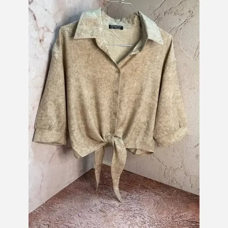 شومیز گره ای زنانه رگه دار مدل جدید عیدانه آبی طوسی سایز 38 تا 42 — تصویر ۶