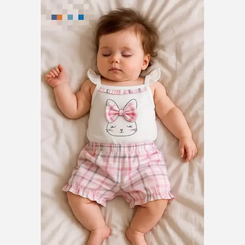 تاپ شورت نوزادی دخترانه طرح خرگوش چهارخونه صورتی جنس پنبه ای — تصویر ۲