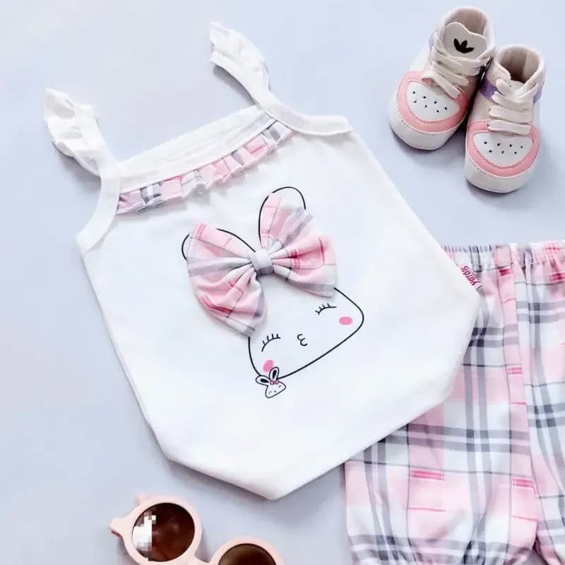 تاپ شورت نوزادی دخترانه طرح خرگوش چهارخونه صورتی جنس پنبه ای — تصویر ۴