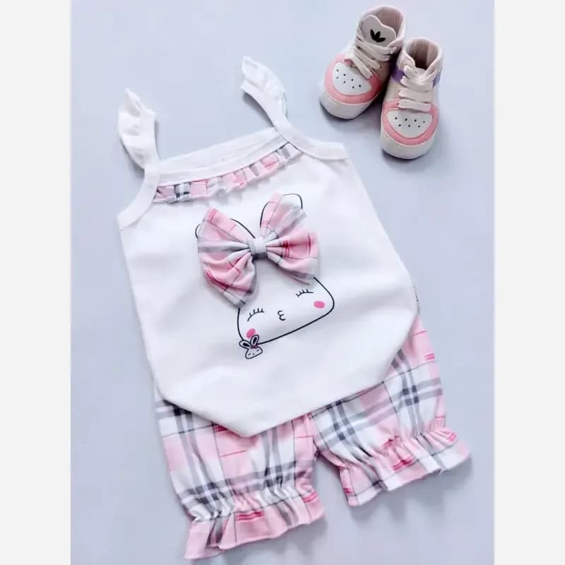 تاپ شورت نوزادی دخترانه طرح خرگوش چهارخونه صورتی جنس پنبه ای — تصویر ۵
