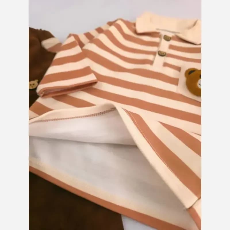بلوز شلوار نوزادی پسرانه راه راه تدی پنبه دورو و مخمل کبریتی سایز 2 تا 5 سال — تصویر ۶