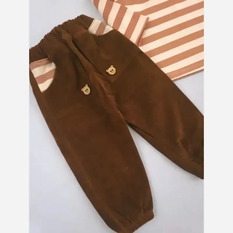 بلوز شلوار نوزادی پسرانه راه راه تدی پنبه دورو و مخمل کبریتی سایز 2 تا 5 سال — تصویر ۳