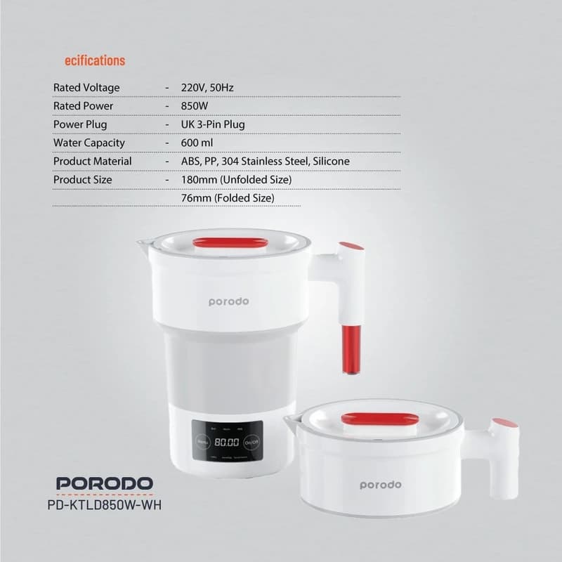 کتری برقی پرودو مدل PORODO PD-KTLD850W-WH Portable Folding — تصویر ۴