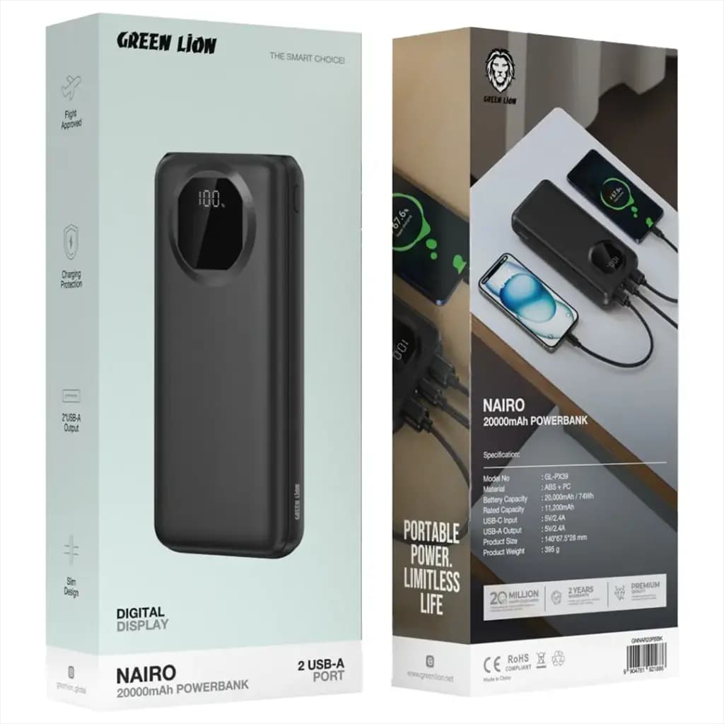پاوربانک ۲۰۰۰۰ میلی‌آمپر گرین لاین | نمایشگر دیجیتال و دو پورت USB-A | — تصویر ۲