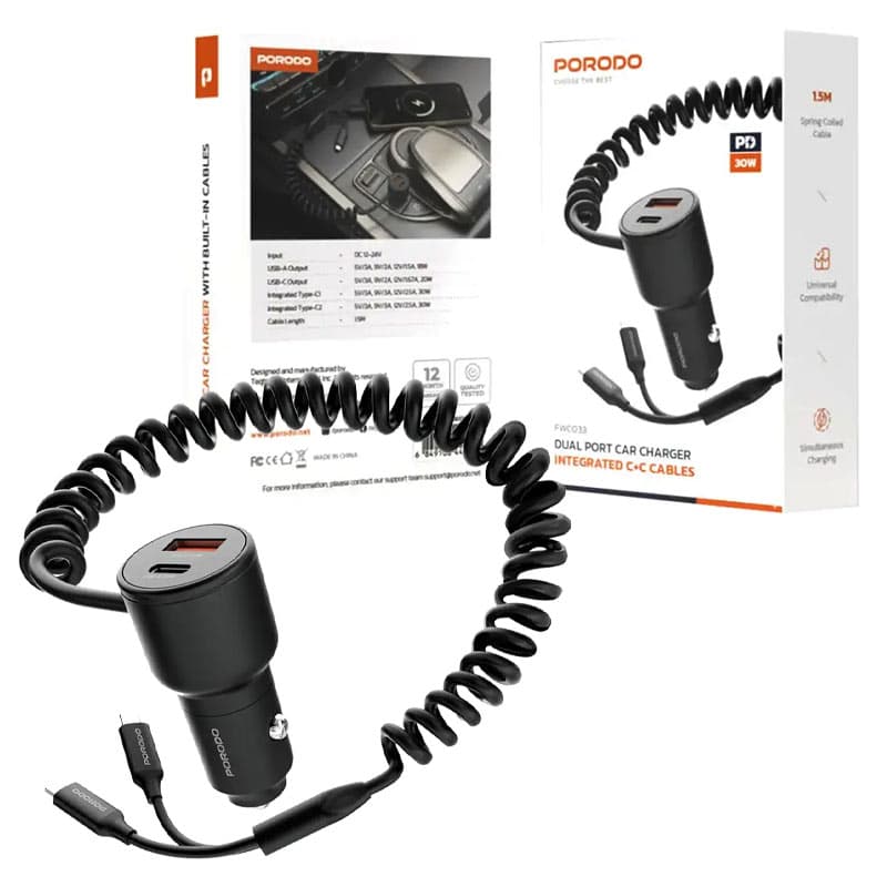 شارژر فندکی 2پورت یک پورتPD فست دارای کابل متصل فنری Porodo integrated C+C cables fwc033 — تصویر ۲