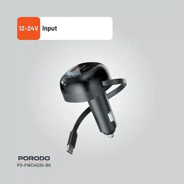 شارژر فندکی 2پورت یک پورت PD دارای کابل متصل Porodo retractable 80cm fwc030 — تصویر ۶