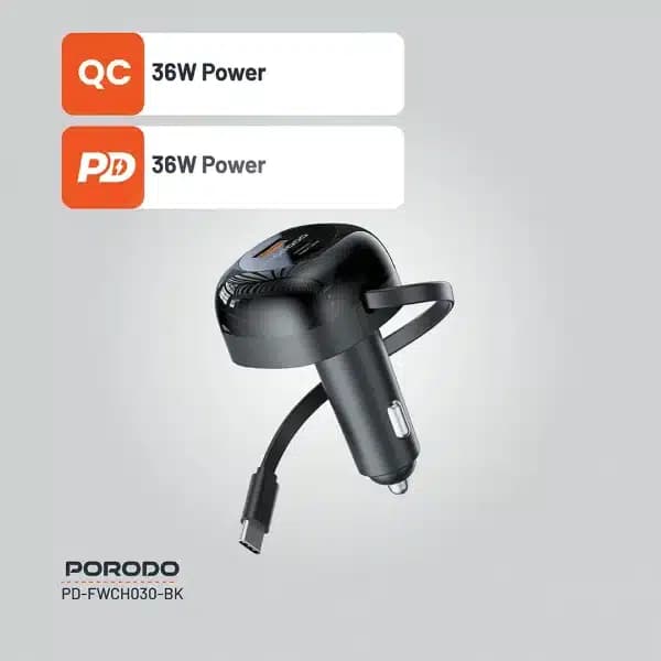 شارژر فندکی 2پورت یک پورت PD دارای کابل متصل Porodo retractable 80cm fwc030 — تصویر ۷