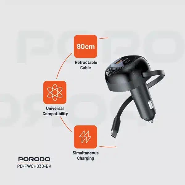 شارژر فندکی 2پورت یک پورت PD دارای کابل متصل Porodo retractable 80cm fwc030 — تصویر ۵