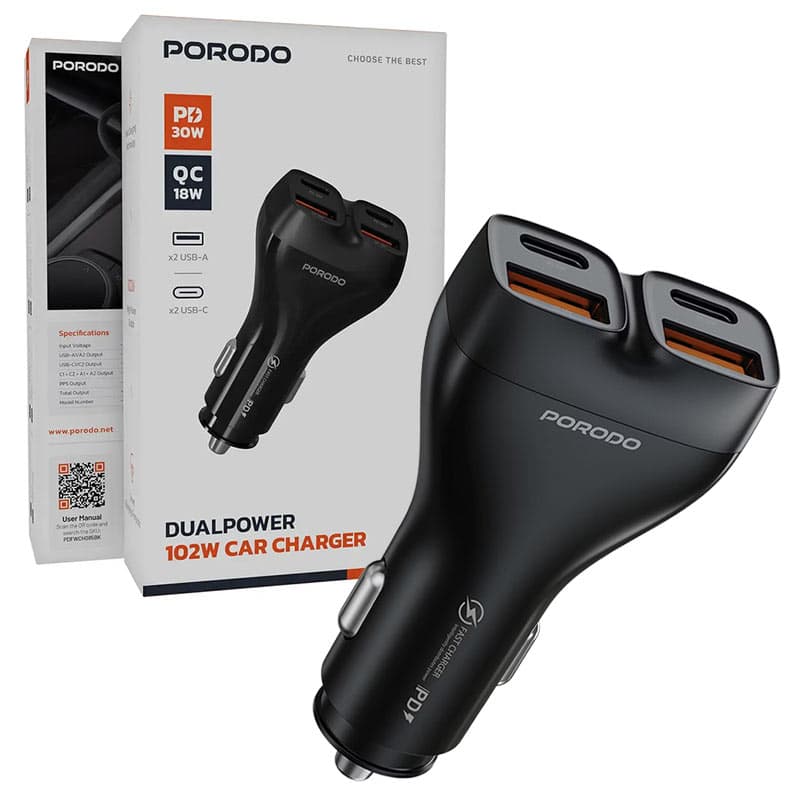 شارژر فندکی 4پورت دو پورت PD سوپر فست پرودو مدل Porodo dual power 102w car charger — تصویر ۵