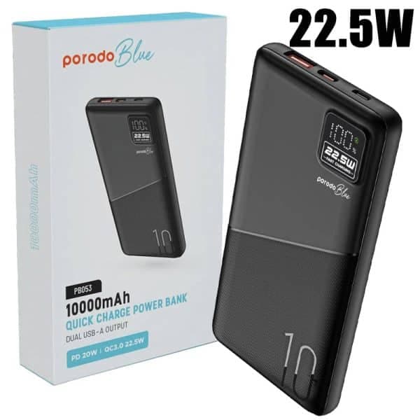 پاوربانک 10000mAh فست Porodo Blue LCD 22.5w PD&QC Pb053 — تصویر ۲