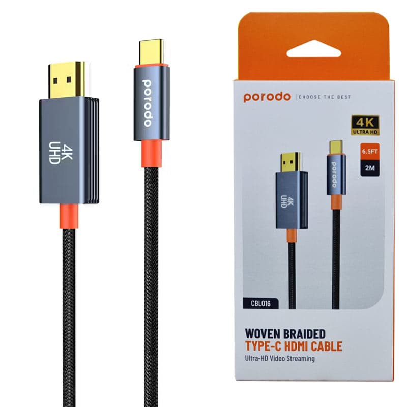 کابل تبدیل Type-c به HDMI کنفی 2متری پرودو مدل Porodo Woven braided CBL0016 با کیفیت 4K Ultra HD