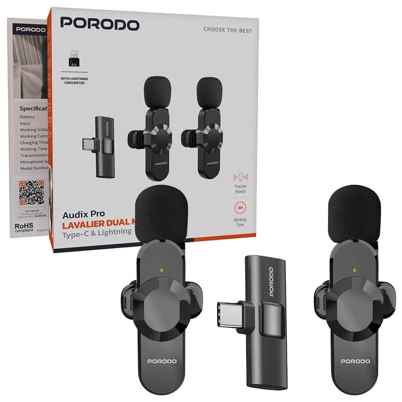 میکروفن یقه ای بیسیم 2عددی پرودو مدل porodo audix pro type c & lightning