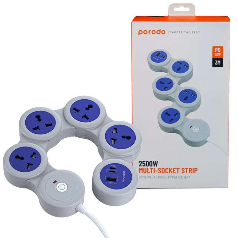 چندراهی برق کلید دار Porodo multi-socket strip FWC020 2500w با ۵ سوکت و طول کابل ۳ متر