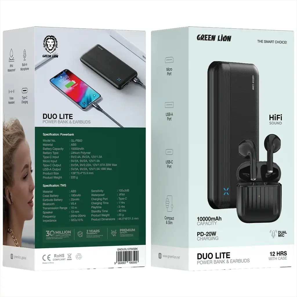 پک پاوربانک و ایربادز Green Lion مدل Duo Lite Power Bank & Earbuds