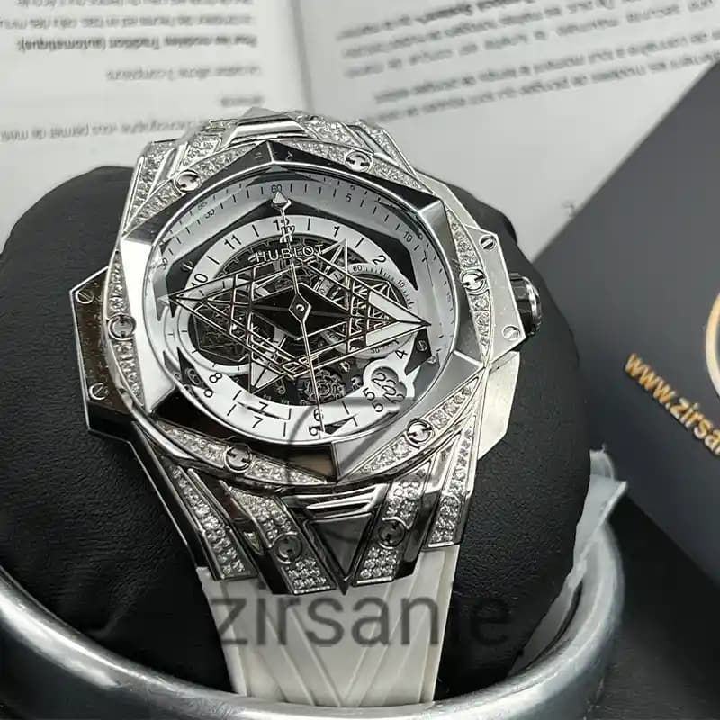ساعت مچی مردانه هابلوت کهکشانی فول نگین سیلور سفید Hublot Big Bang SANG BLEU II Full Daimand Silver White — تصویر ۳