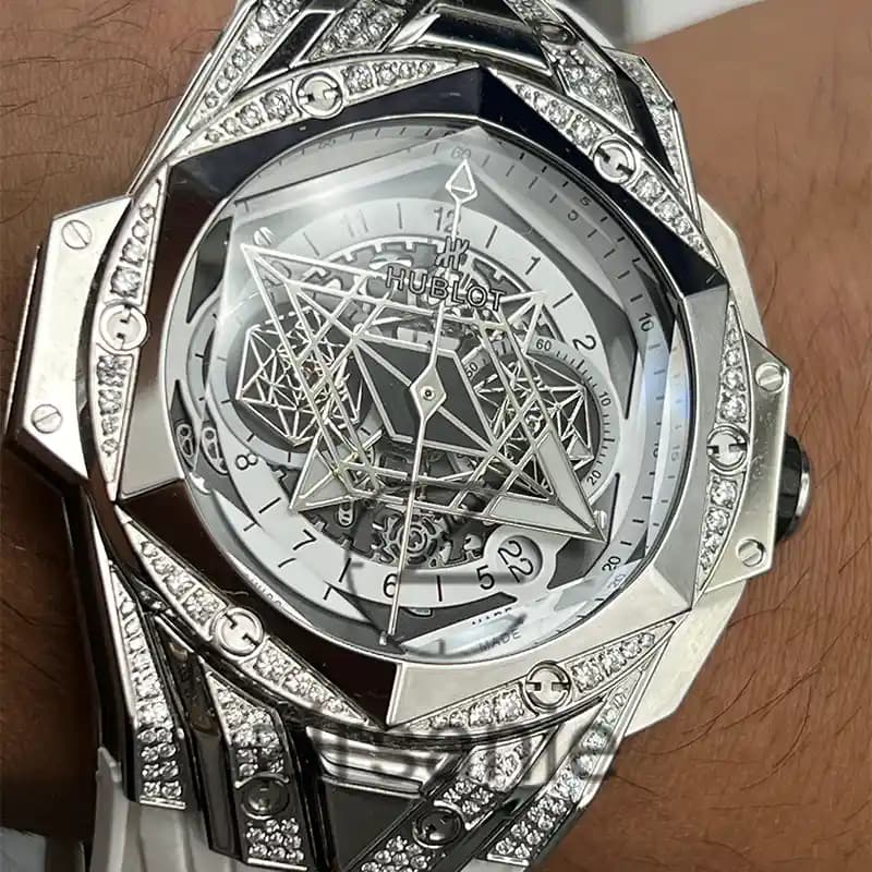 ساعت مچی مردانه هابلوت کهکشانی فول نگین سیلور سفید Hublot Big Bang SANG BLEU II Full Daimand Silver White — تصویر ۷