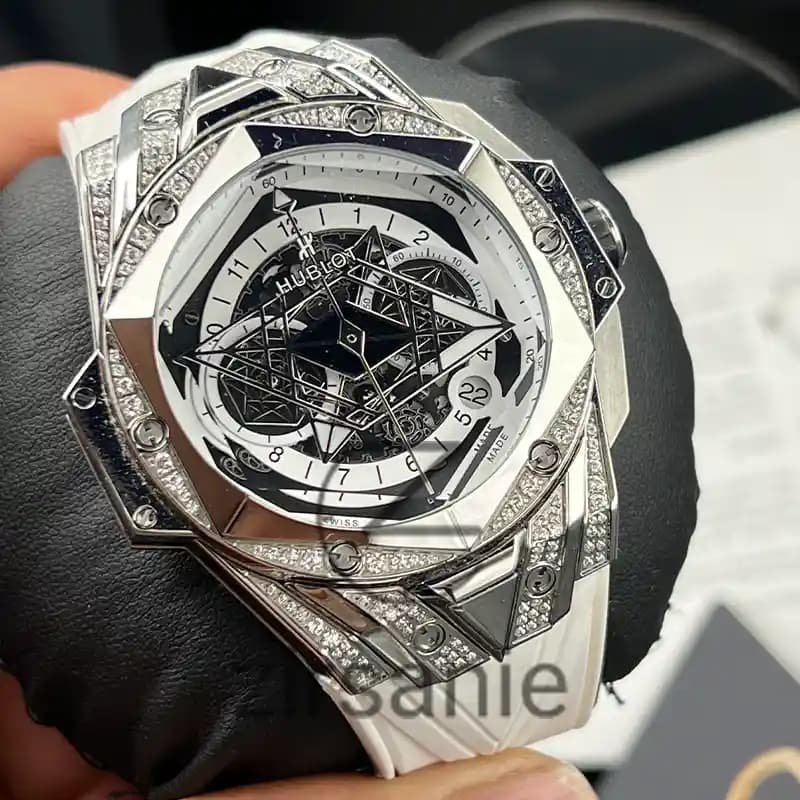 ساعت مچی مردانه هابلوت کهکشانی فول نگین سیلور سفید Hublot Big Bang SANG BLEU II Full Daimand Silver White — تصویر ۵
