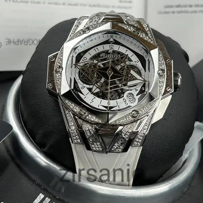 ساعت مچی مردانه هابلوت کهکشانی فول نگین سیلور سفید Hublot Big Bang SANG BLEU II Full Daimand Silver White — تصویر ۲