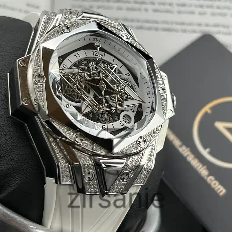 ساعت مچی مردانه هابلوت کهکشانی فول نگین سیلور سفید Hublot Big Bang SANG BLEU II Full Daimand Silver White — تصویر ۴