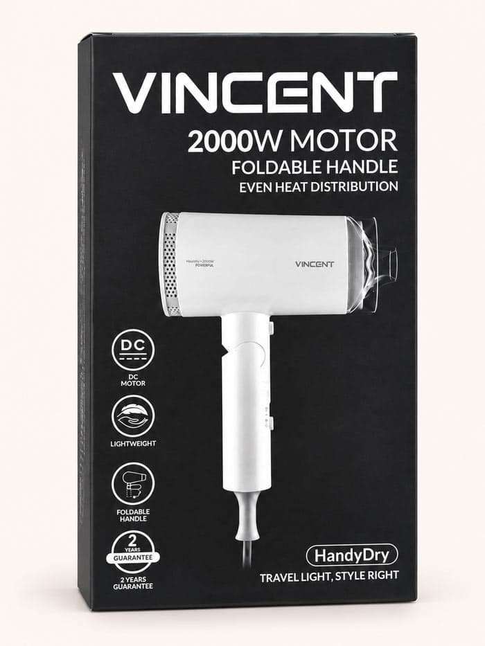 سشوار مسافرتی وینسنت 2000 وات مدل HD3120 HandyDry دسته تاشو — تصویر ۳