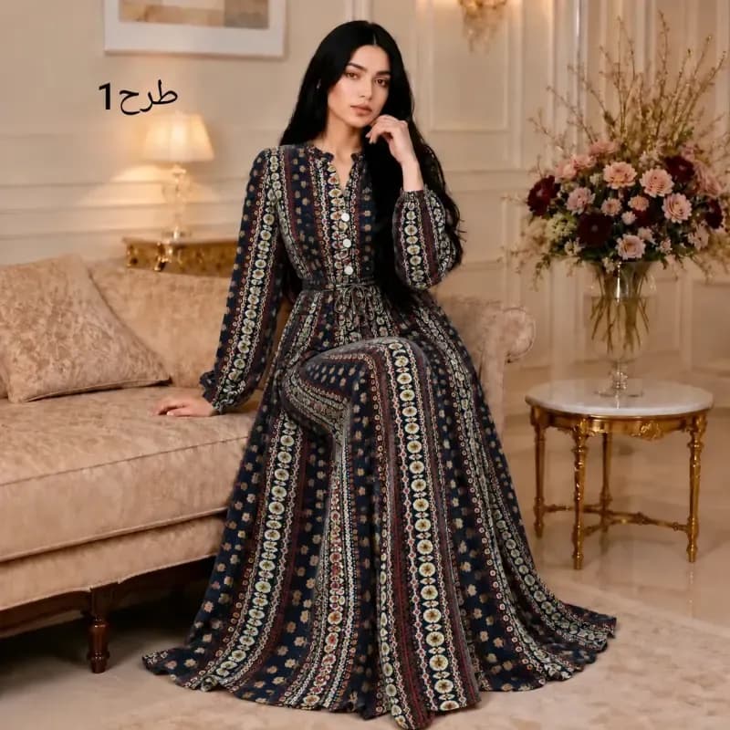 پیراهن بلند آسلین زنانه الیزه طرح دار سایزبندی 1 و 2
