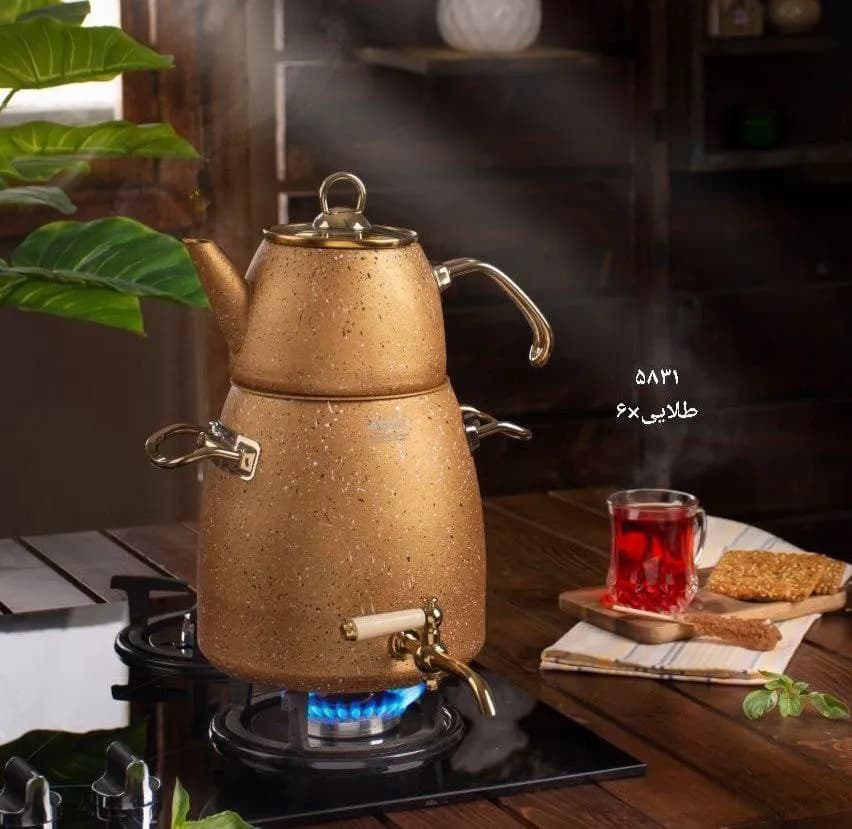 کتری قوری گرانیتی شیردار بلند رنگ طلایی — تصویر ۲