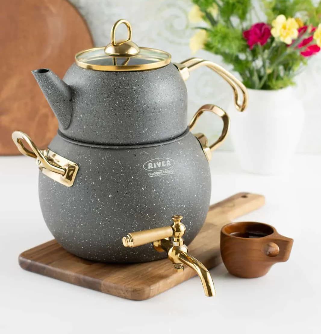 کتری قوری گرانیتی شیردار تپل رنگ طوسی — تصویر ۲