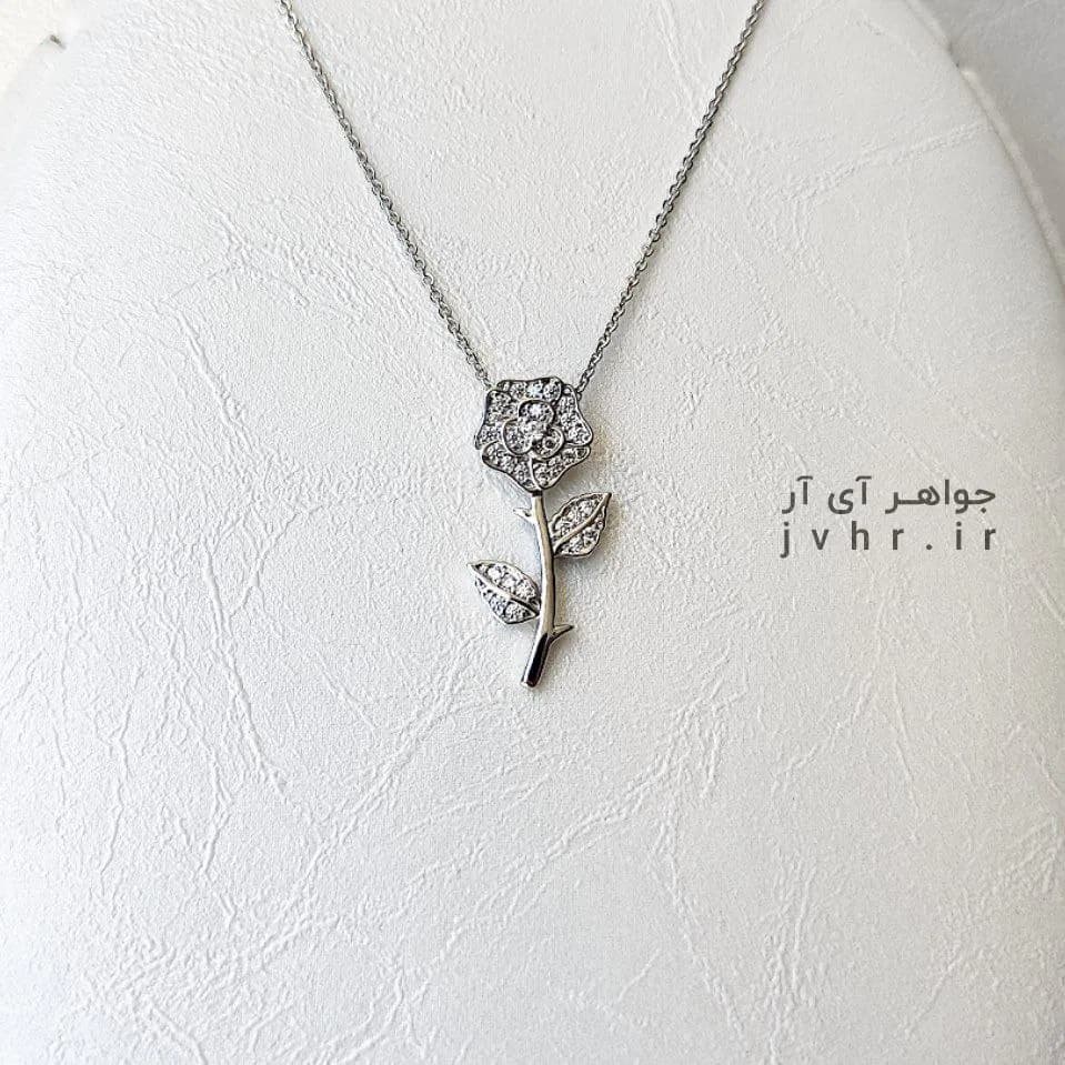گردنبند دخترانه طرح شاخه گل استیل نقره ای فول نگین برند CM — تصویر ۸